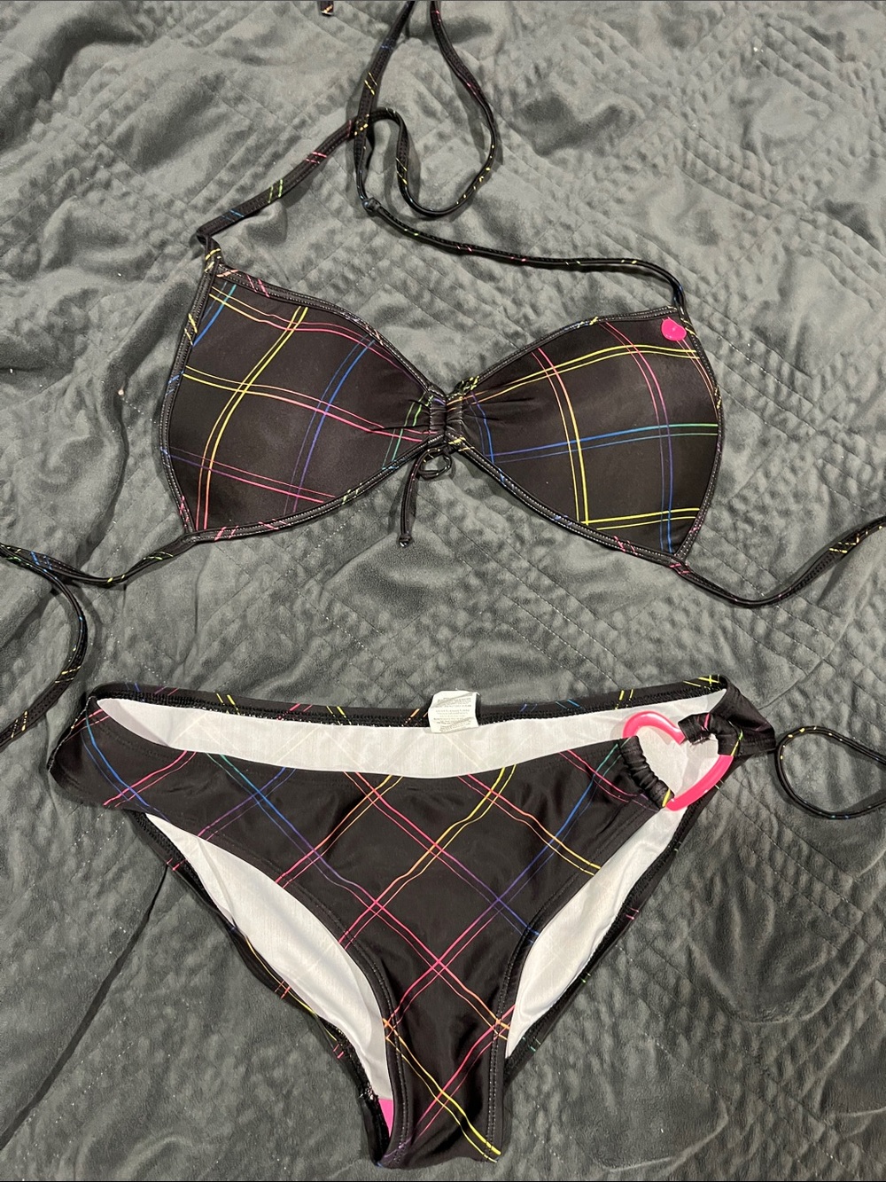 Black Plaid Tie-Back Bikini Set with Multicolor Lines